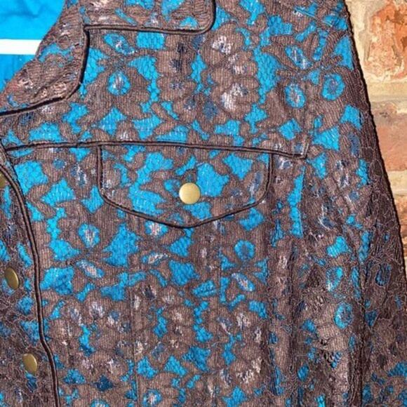 Fiona Woof Metallic Brown Blue Lace Blazer Jacket Women's Size 6 - Picture 3 of 9